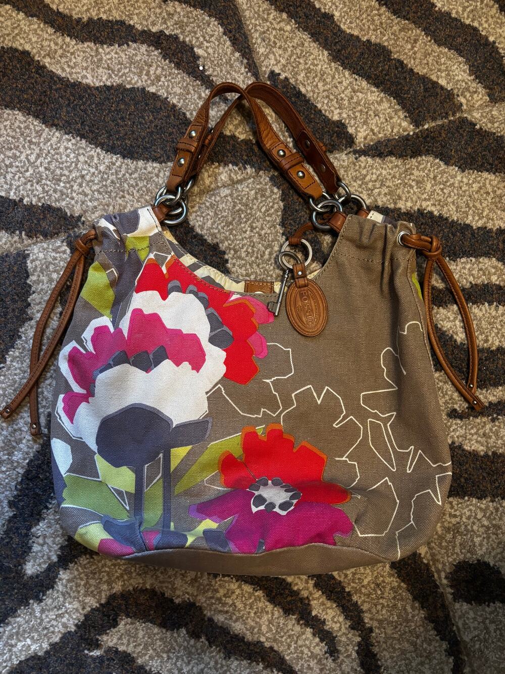 Vintage Fossil Floral Canvas Hobo Shoulder Bag